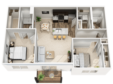 Floor plan for 2 beds, 2 baths, 1053 sqft